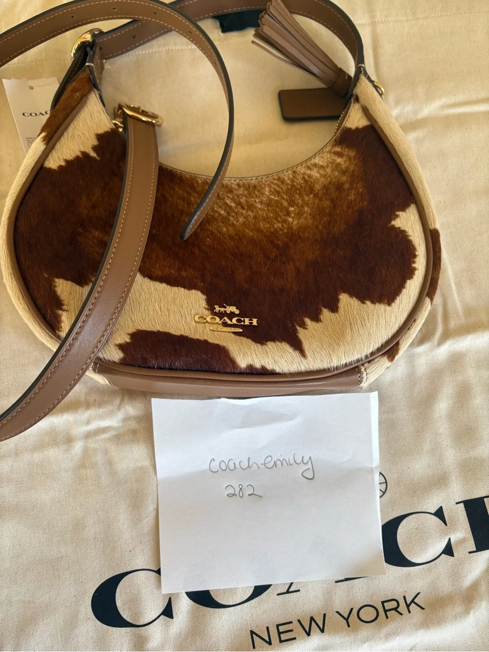Coach Cowhide Calf Hair Shoulder Bag Brown White Leather Crossbody Purse Western